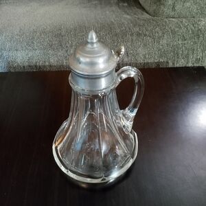 Vintage Heisey Heavy Clear Glass Syrup Dispenser With Metal Hinged Top And Spout